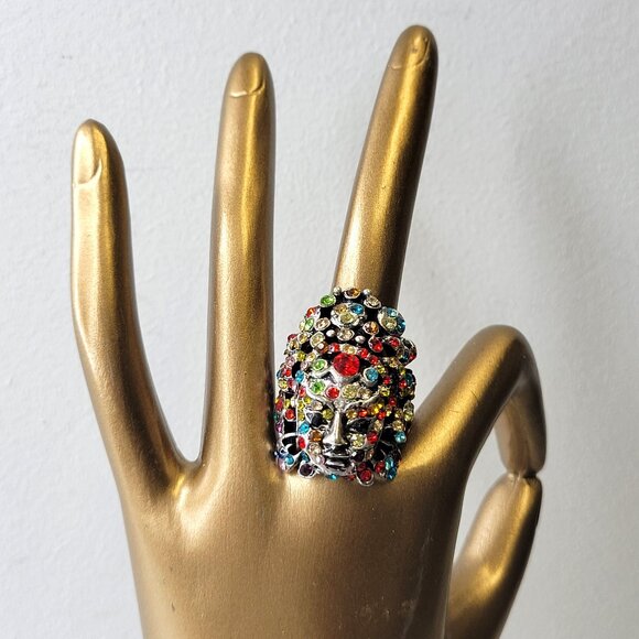 Egyptian Face Crystal Ring Stretch Colorful Ring Rainbow Crystal Adjustable Ring - Picture 1 of 11